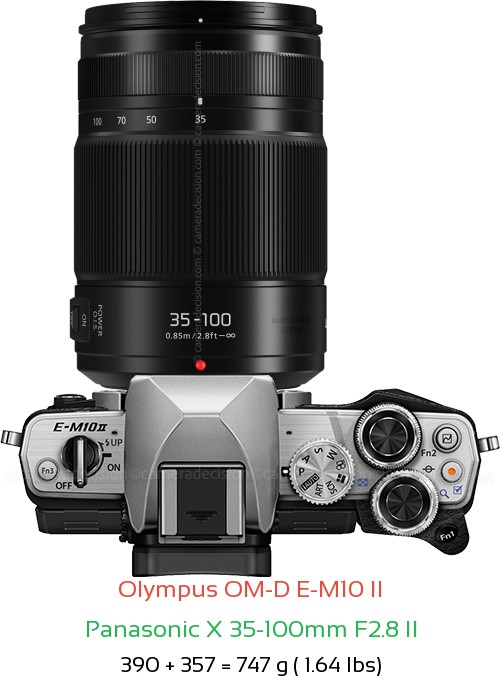 Olympus E-M10 II with Panasonic X 35-100mm F2.8 II Lens Size