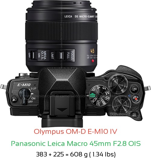 Olympus E-M10 IV with Panasonic Leica Macro 45mm F2.8 OIS Lens Size