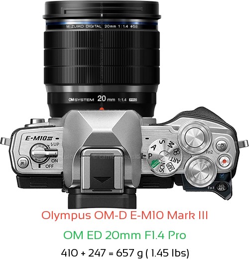 Olympus E-M10 III with OM ED 20mm F1.4 Pro Lens Size