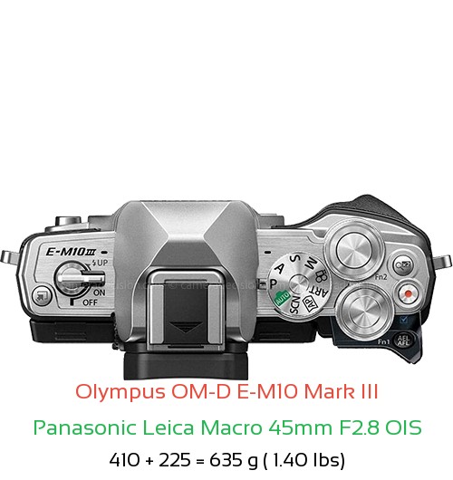 Olympus E-M10 III with Panasonic Leica Macro 45mm F2.8 OIS Lens Size