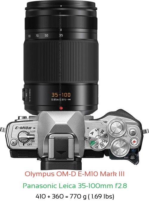 Olympus E-M10 III with Panasonic Leica 35-100mm f2.8 Lens Size