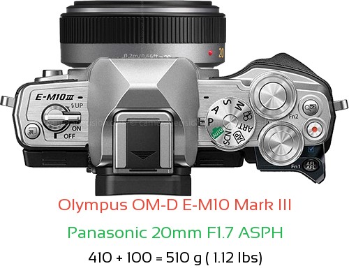 Olympus E-M10 III with Panasonic 20mm F1.7 ASPH Lens Size
