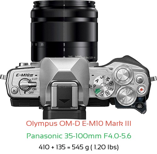 Olympus E-M10 III with Panasonic 35-100mm F4.0-5.6 Lens Size