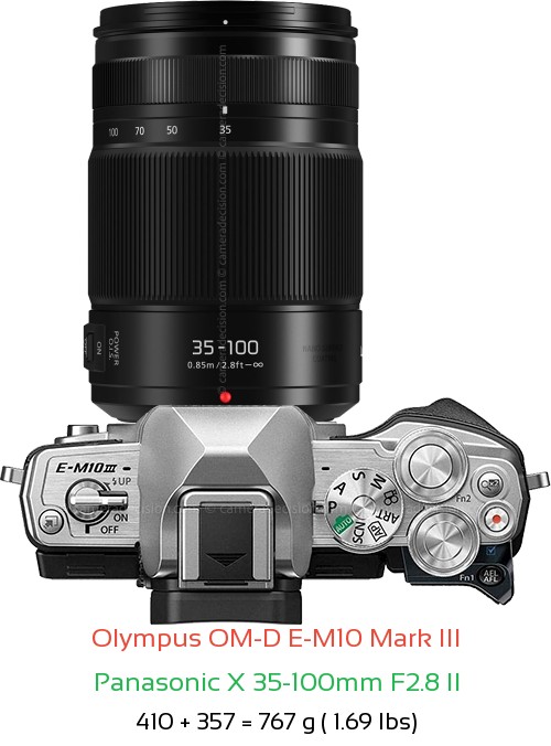 Olympus E-M10 III with Panasonic X 35-100mm F2.8 II Lens Size
