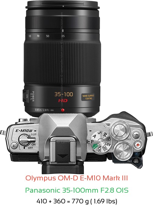 Olympus E-M10 III with Panasonic 35-100mm F2.8 OIS Lens Size