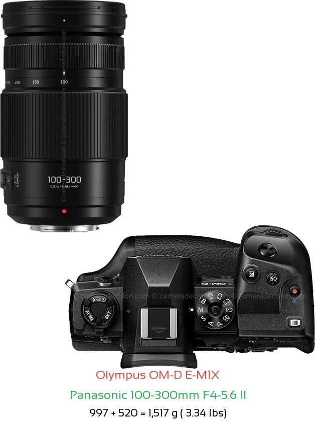 Olympus E-M1X with Panasonic 100-300mm F4-5.6 II Lens Size