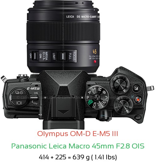 Olympus E-M5 III with Panasonic Leica Macro 45mm F2.8 OIS Lens Size