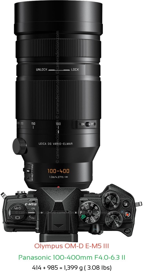 Olympus E-M5 III with Panasonic 100-400mm F4.0-6.3 II Lens Size