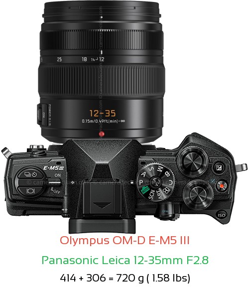 Olympus E-M5 III with Panasonic Leica 12-35mm F2.8 Lens Size