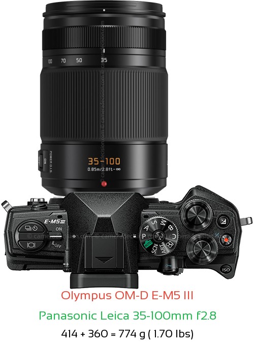 Olympus E-M5 III with Panasonic Leica 35-100mm f2.8 Lens Size
