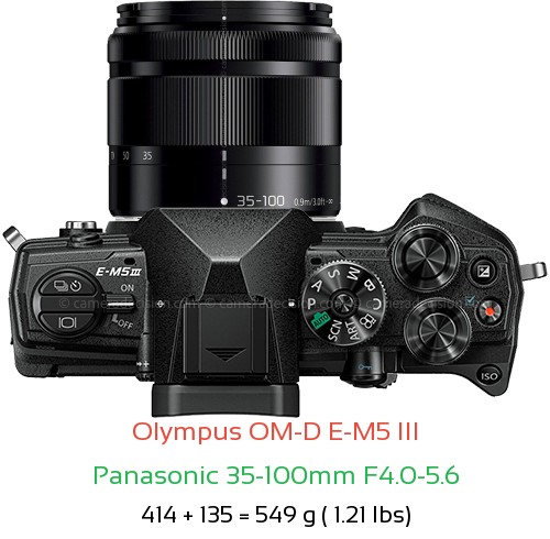 Olympus E-M5 III with Panasonic 35-100mm F4.0-5.6 Lens Size