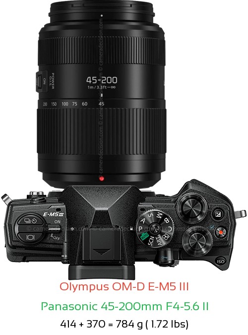 Olympus E-M5 III with Panasonic 45-200mm F4-5.6 II Lens Size