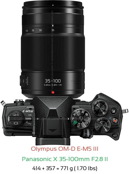 Olympus E-M5 III with Panasonic X 35-100mm F2.8 II Lens Size