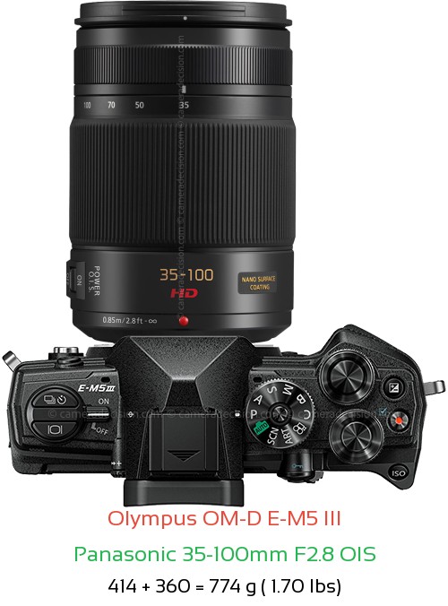 Olympus E-M5 III with Panasonic 35-100mm F2.8 OIS Lens Size