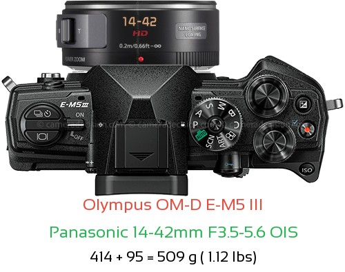 Olympus E-M5 III with Panasonic 14-42mm F3.5-5.6 OIS Lens Size