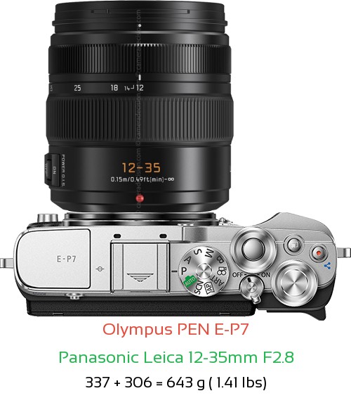Olympus E-P7 with Panasonic Leica 12-35mm F2.8 Lens Size