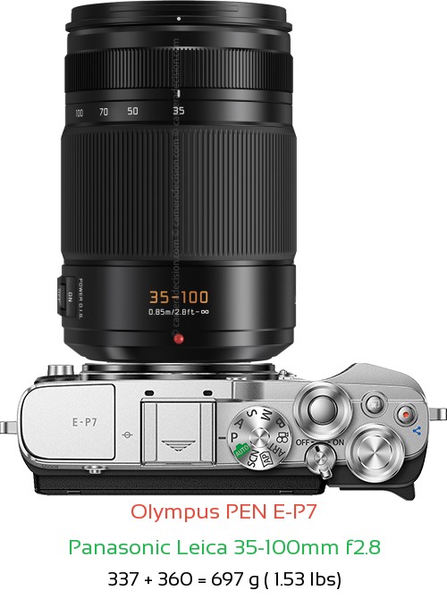 Olympus E-P7 with Panasonic Leica 35-100mm f2.8 Lens Size