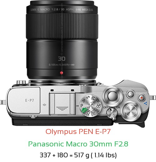 Olympus E-P7 with Panasonic Macro 30mm F2.8 Lens Size