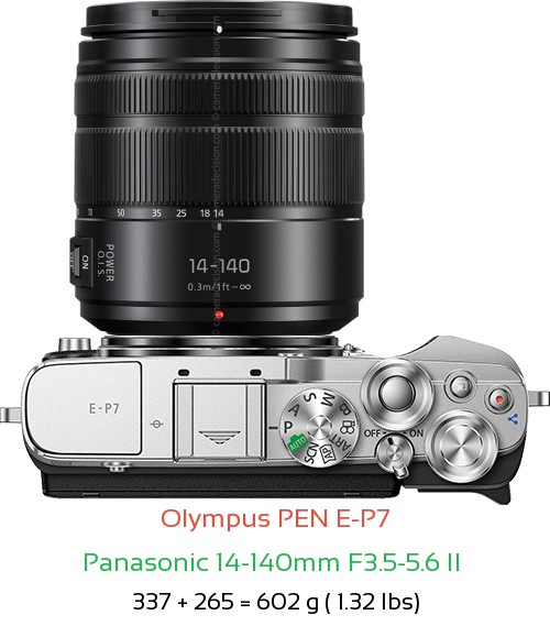 Olympus E-P7 with Panasonic 14-140mm F3.5-5.6 II  Lens Size