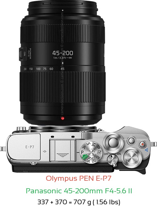Olympus E-P7 with Panasonic 45-200mm F4-5.6 II Lens Size