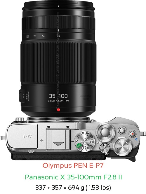 Olympus E-P7 with Panasonic X 35-100mm F2.8 II Lens Size