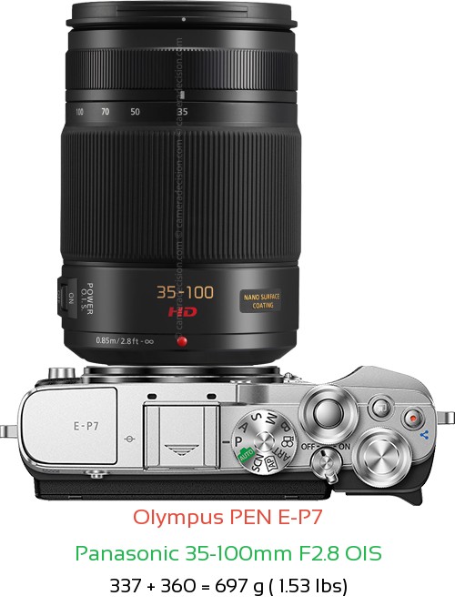 Olympus E-P7 with Panasonic 35-100mm F2.8 OIS Lens Size