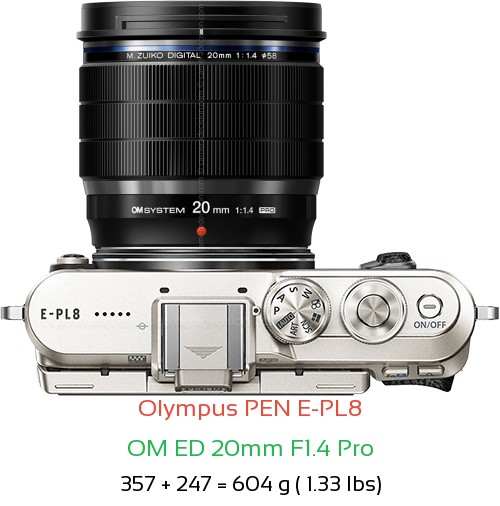 Olympus E-PL8 with OM ED 20mm F1.4 Pro Lens Size