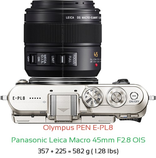 Olympus E-PL8 with Panasonic Leica Macro 45mm F2.8 OIS Lens Size