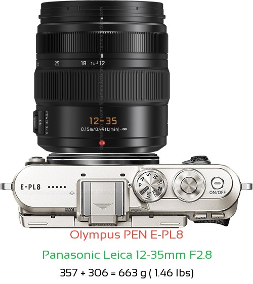 Olympus E-PL8 with Panasonic Leica 12-35mm F2.8 Lens Size