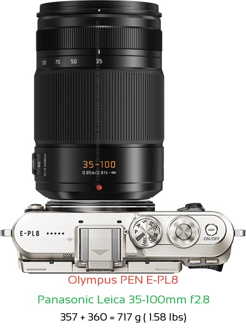 Olympus E-PL8 with Panasonic Leica 35-100mm f2.8 Lens Size