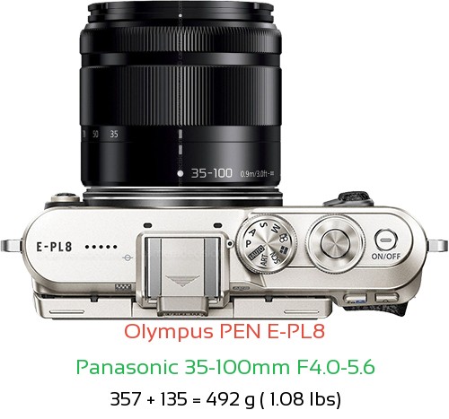 Olympus E-PL8 with Panasonic 35-100mm F4.0-5.6 Lens Size