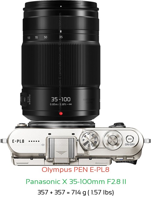 Olympus E-PL8 with Panasonic X 35-100mm F2.8 II Lens Size