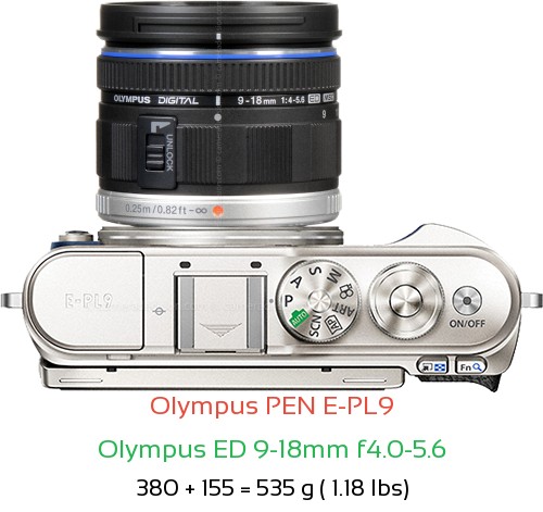 Olympus E-PL9 with Olympus ED 9-18mm f4.0-5.6 Lens Size