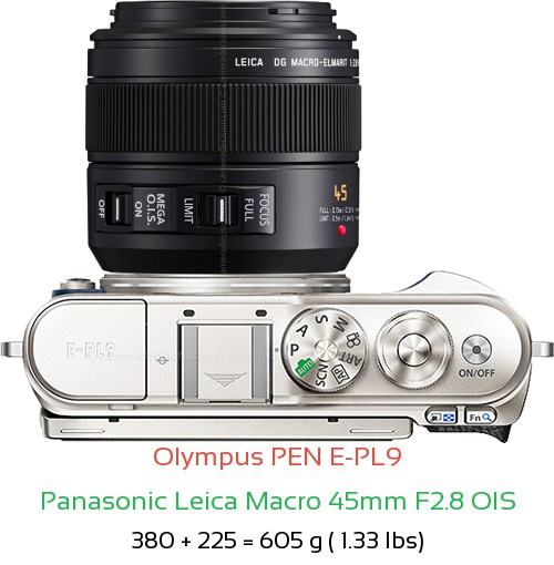 Olympus E-PL9 with Panasonic Leica Macro 45mm F2.8 OIS Lens Size