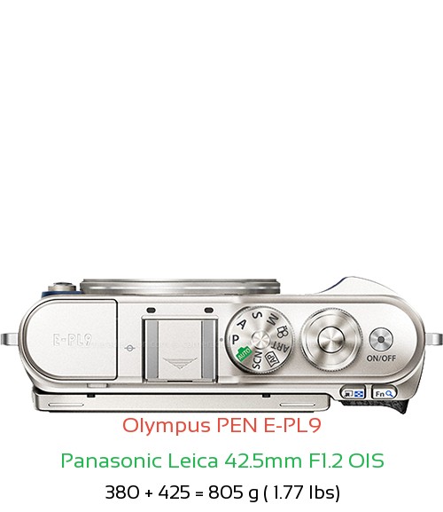 Olympus E-PL9 with Panasonic Leica 42.5mm F1.2 OIS Lens Size