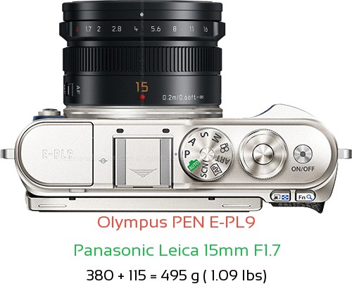 Olympus E-PL9 with Panasonic Leica 15mm F1.7 Lens Size