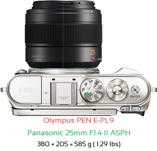 Olympus E-PL9 with Panasonic 25mm F1.4 II ASPH Lens Size