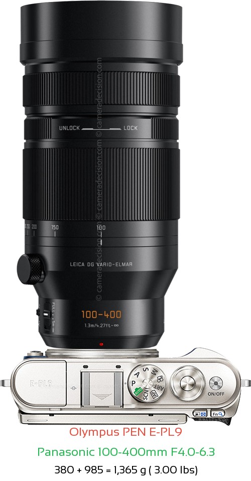 Olympus E-PL9 with Panasonic 100-400mm F4.0-6.3 Lens Size