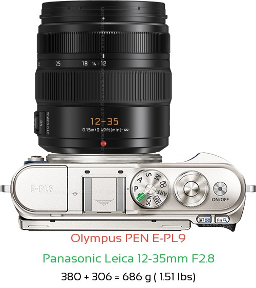 Olympus E-PL9 with Panasonic Leica 12-35mm F2.8 Lens Size