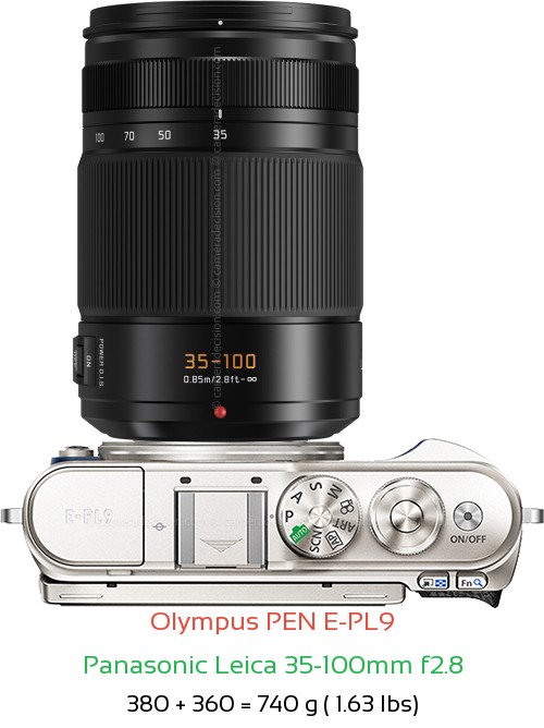 Olympus E-PL9 with Panasonic Leica 35-100mm f2.8 Lens Size