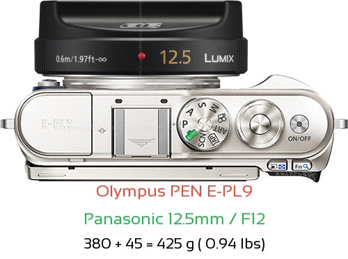 Olympus E-PL9 with Panasonic 12.5mm / F12 Lens Size
