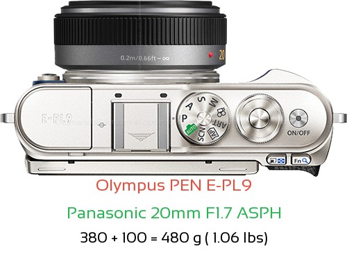 Olympus E-PL9 with Panasonic 20mm F1.7 ASPH Lens Size