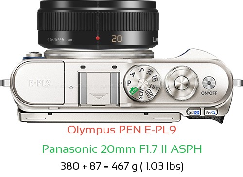 Olympus E-PL9 with Panasonic 20mm F1.7 II ASPH Lens Size