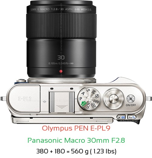 Olympus E-PL9 with Panasonic Macro 30mm F2.8 Lens Size