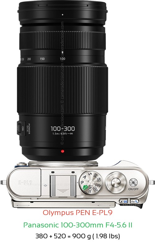 Olympus E-PL9 with Panasonic 100-300mm F4-5.6 II Lens Size
