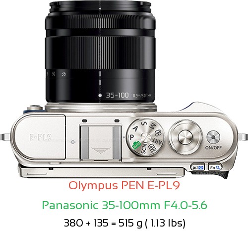 Olympus E-PL9 with Panasonic 35-100mm F4.0-5.6 Lens Size