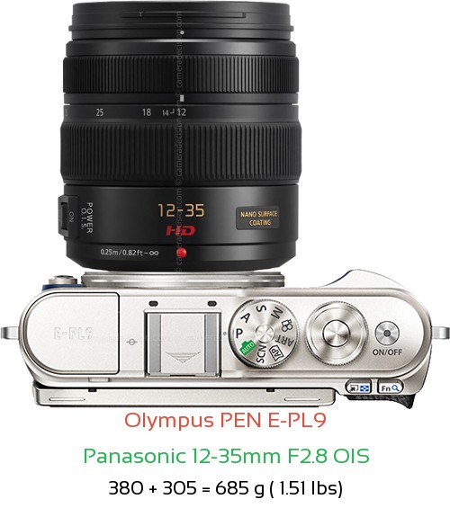 Olympus E-PL9 with Panasonic 12-35mm F2.8 OIS Lens Size