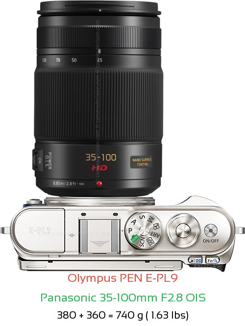 Olympus E-PL9 with Panasonic 35-100mm F2.8 OIS Lens Size
