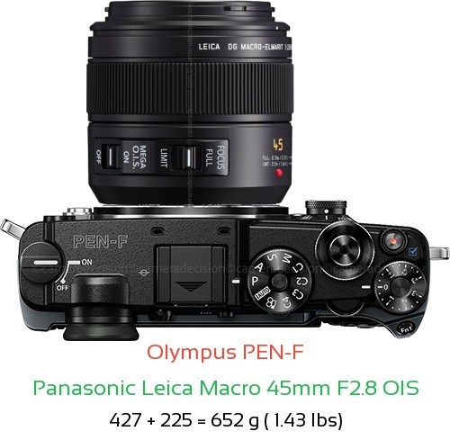Olympus PEN-F with Panasonic Leica Macro 45mm F2.8 OIS Lens Size