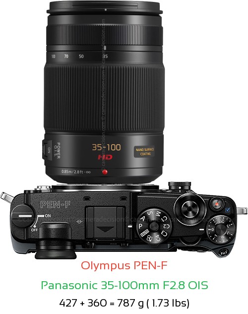 Olympus PEN-F with Panasonic 35-100mm F2.8 OIS Lens Size